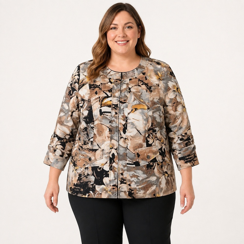 Coldwater Creek Women's Size 20 Floral Print Collarless Zip Jacket Ruched Sleeve